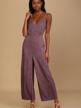 Lulu's Disco Groove Plum Textured Wide-Leg V-Neck Jumpsuit